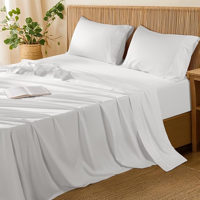 LBRO2M 100% Cotton Sheets Set King Size 600 Thread Count Sheet 4 Piece Sets Bed Sheet Deep Pocket Up to 16" Soft Comfortable All Season (King, White)