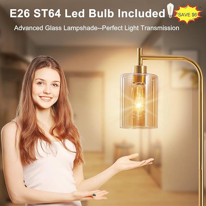DLLT Floor Lamp Tall for Room: Gold Standing Lamp with Amber Glass Lampshade for Living Room - Modern Bright Lamp for Bedroom - Industrial Corner Floor Lamps for Office 8W Led Bulb Included