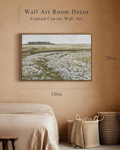 InSimSea Framed Canvas Wall Art Vintage Decor, Classical Grassland Paintings Large Wall Art, Meadow Full of Flowers Wall Hanging Decor for Living Room Farmhouse Bathroom, 20"x30"