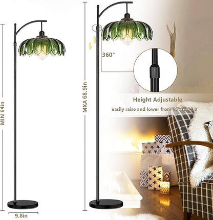 Gold Floor Lamp for Living Room,Bedroom,Standing Lamp with Remote Dimmable Brass Tall Lamp Vintage Retro Mid Century Modern Floor Lamps Arc Green Glass Flower Lamp Floor Light Boho Bohemian