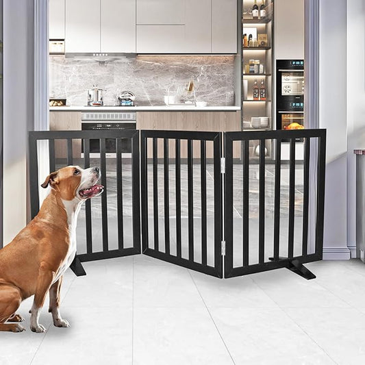 Dog Gate Indoor, Freestanding Dog Fence for The House, Doorways, Hallways,or Stairs,Pet Gate Foldable Wooden,Expandable 24" Height 3 Panels,Black