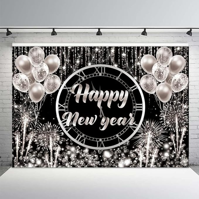 MEHOFOND Happy New Year Backdrop Hello 2024 NYE Cheers Party Decorations Sliver Black Photography Background Kiss Me at Midnight New Year's Eve Festival Party Supplies Photobooth Banner 8x6ft