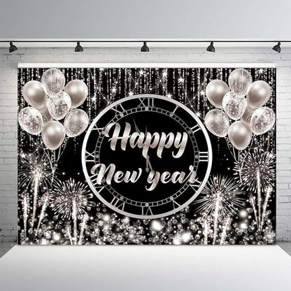 MEHOFOND Happy New Year Backdrop Hello 2024 NYE Cheers Party Decorations Sliver Black Photography Background Kiss Me at Midnight New Year's Eve Festival Party Supplies Photobooth Banner 8x6ft