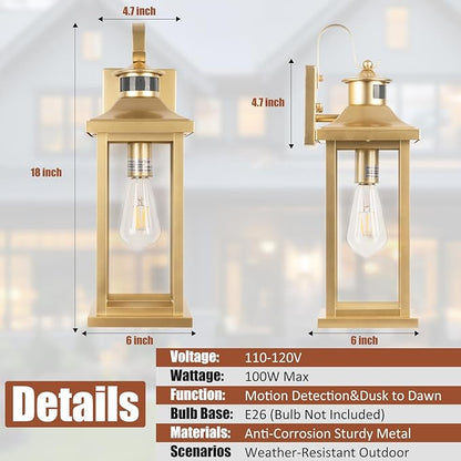 2-Pack Gold Dusk to Dawn Motion Sensor Lights 18 Inch, Large Outdoor Light Fixtures IP65 Waterproof Anti-Rust Brass Outside Lights for House Photocell Modern Exterior Lanterns Wall Mounted