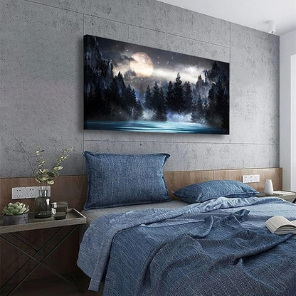 Mountain Moon Pictures Canvas Wall Art for Living room Office Bedroom Wall Decor,Moon Wall Art Print Paintings Modern Forest Nature Blue Lake Artwork Waterproof Ready to Hang-20x40inch