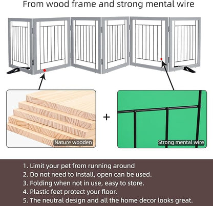 ZJSF Freestanding Dog Gate Indoor, Foldable Dog Fence for Doorways,Hallways or Stairs, Sturdy Wood Extra Wide Pet Gate with Support Feet,Grey,24 "Height-6 Panels