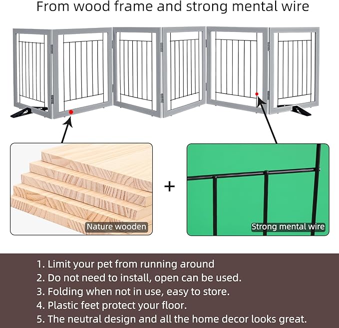 ZJSF Freestanding Dog Gate Indoor, Foldable Dog Fence for Doorways,Hallways or Stairs, Sturdy Wood Extra Wide Pet Gate with Support Feet,Grey,32 "Height-6 Panels