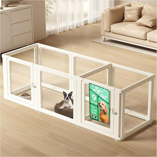 Transparent 9-Panel Dog Playpen, Acrylic Indoor/Outdoor Puppy Pen for Small & Medium Dogs, 24 Inch with Door, White(Fully Transparent 74 * 26 Two Rooms,24 inch)