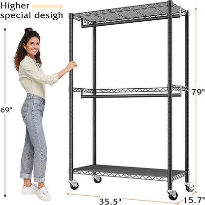 Raybee Clothing Rack with Wheels,Clothes Rack for Hanging Clothes,Portable Closet,2 Shelves,Black