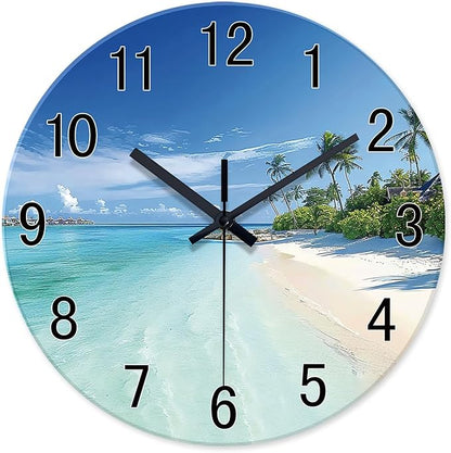 XFM Large Wall Clock Battery Operated Beach Coastal Wall Clocks 24 Inch Silent Non-Ticking Tropical Seascape Glass Wall Clock for Living Room Bedroom Kitchen Decor