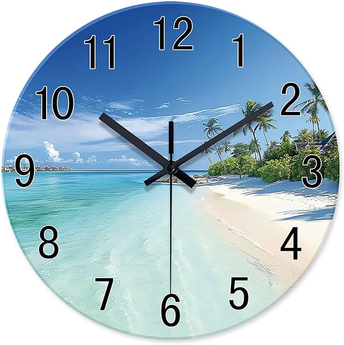 XFM Blue Beach Wall Clocks Battery Operated 12 Inch Round Glass Silent Wall Clock Coastal Nautical Wall Clocks for Living Room Bedroom Kitchen Decor