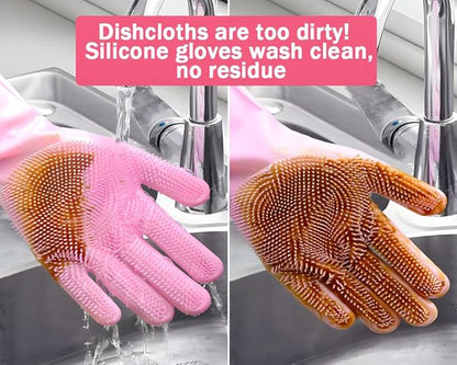 2 pairs Silicone Dishwashing & Pet Grooming Gloves - 2-in-1 Heat Resistant Gloves with High-Density Teeth, Enhanced Five Finger Design for Bathing, Cleaning Dishes, Cars, Dogs & Cats (Pink)