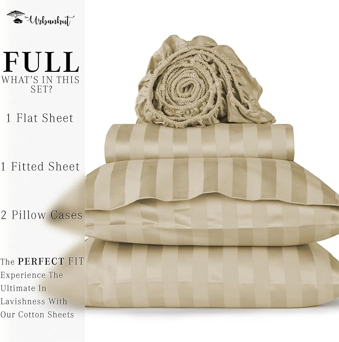 URBANHUT 800 Thread Count Egyptian Cotton Damask Striped Full Size Sheets Set (4 Pc) - Ultra Soft & Smooth, Sateen Weave Full Size Bed Sheets, Luxury Hotel Sheets with 16" Deep Pocket - Sand