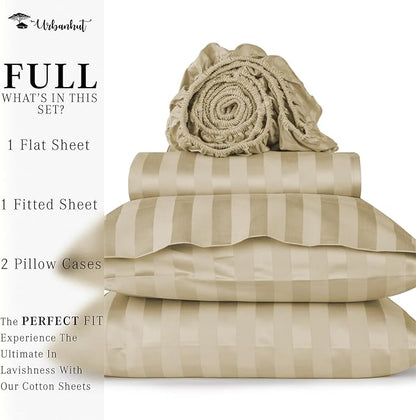 URBANHUT 800 Thread Count Egyptian Cotton Damask Striped Full Size Sheets Set (4 Pc) - Ultra Soft & Smooth, Sateen Weave Full Size Bed Sheets, Luxury Hotel Sheets with 16" Deep Pocket - Sand