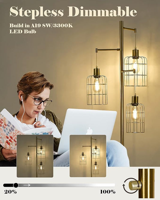 ELYONA Modern Dimmable Floor Lamp for Living Room, Gold Tree Standing Light with 3 Metal Cage Shades, Industrial 71” Tall Pole Floor Lamps for Bedroom Reading, Office, LED Edison Bulbs Included