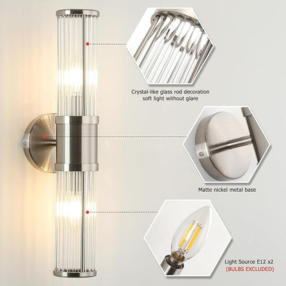 JOOSENLUX Bathroom Sconces Set of 2 Brushed Nickel Wall Sconce Light Fixtures with E12 Base and Glass Rod Design – Modern Vanity Light Fixture for Bathroom, Powder Room, Bedroom, Hallway