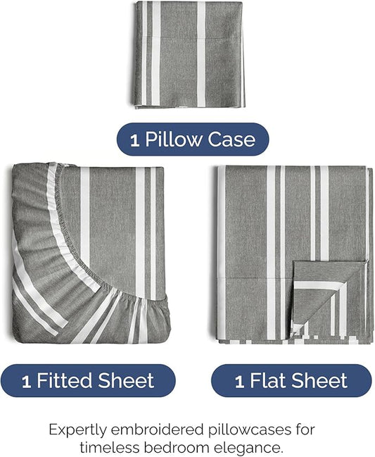 Twin Size 3 Piece Sheet Set - Comfy Breathable & Cooling Bed Sheets Set - Hotel Luxury Bedding for Women, Men, Kids, Teens, Boys & Girls - Deep Pockets, Soft, Wrinkle Free - Oeko-Tex - Grey Stripes 3