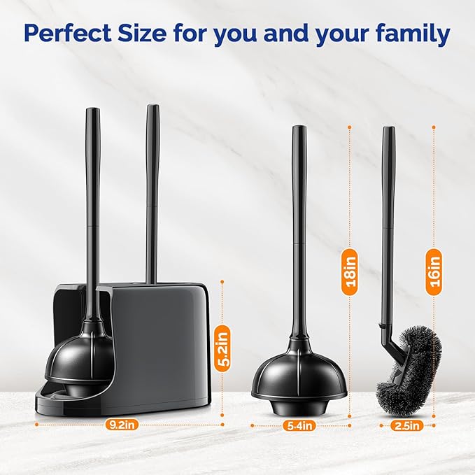 HAMITOR Toilet Plunger and Brush Set for Bathroom Cleaning with Extented Handle - Heavy Duty Toilet Plunger Combo Accessories with Caddy Stand Holder for Small Space - Black