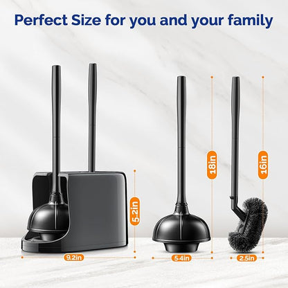 HAMITOR Toilet Plunger and Brush Set for Bathroom Cleaning with Extented Handle - Heavy Duty Toilet Plunger Combo Accessories with Caddy Stand Holder for Small Space - Black