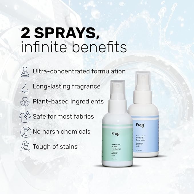 Frey Fabric Freshener Spray – Pack of 2 | Linen Spray Deodorizer for Laundry | Cedarwood & Sandalwood | 2oz Bottles