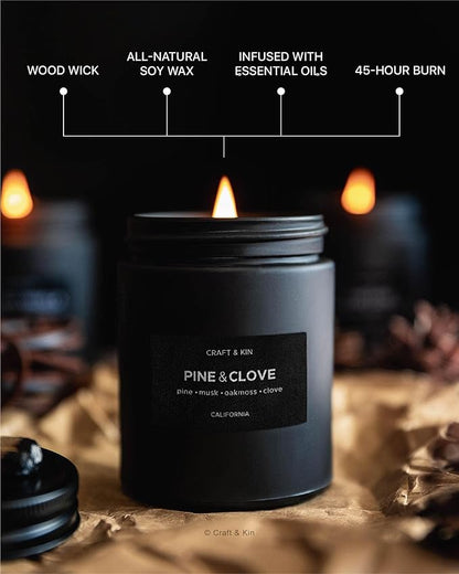 Craft & Kin Premium Pine & Clove Candle | Black Scented Candles for Home | Long Lasting with 45 Hour Burn Time, 7.6oz | Soy Candles | Aromatherapy at Home