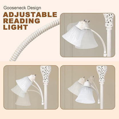 Torchiere Floor Lamp with Adjustable Reading Light, 72" Tall Vintage Lamp with White Glass Shade, Farmhouse Standing Lamp, Rustic LED Floor Lamp for Living Room Bedroom Office Corner, Bulbs Included