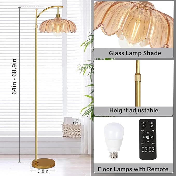 Gold Arc Floor Lamp for Living Room Bedroom,Adjustable Unique Modern Floor Lamps with Remote,Vintage Glass Standing Lamp with Dimmable Bulb,Bright Flower Brass Tall Lamp for Corner Office