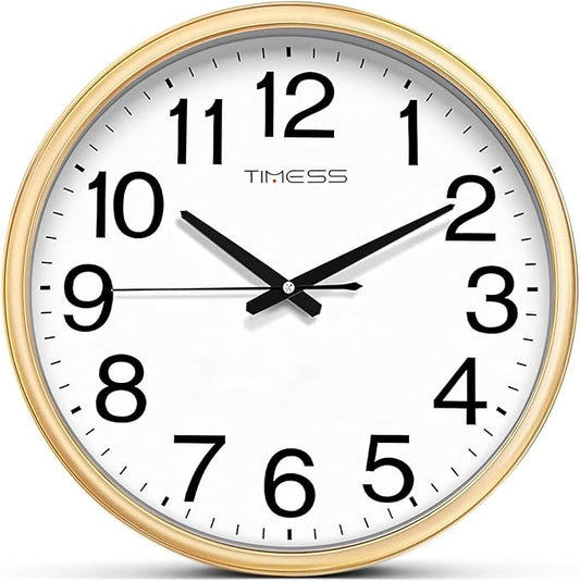 Wall Clock, 16 Inch Large Dial Non-Ticking Silent Battery Operated Quality Analog, Ultra-Quiet Movement Quartz, Timeless Stylish Clock, Ideal Modern Home, Office Décor (Gold)