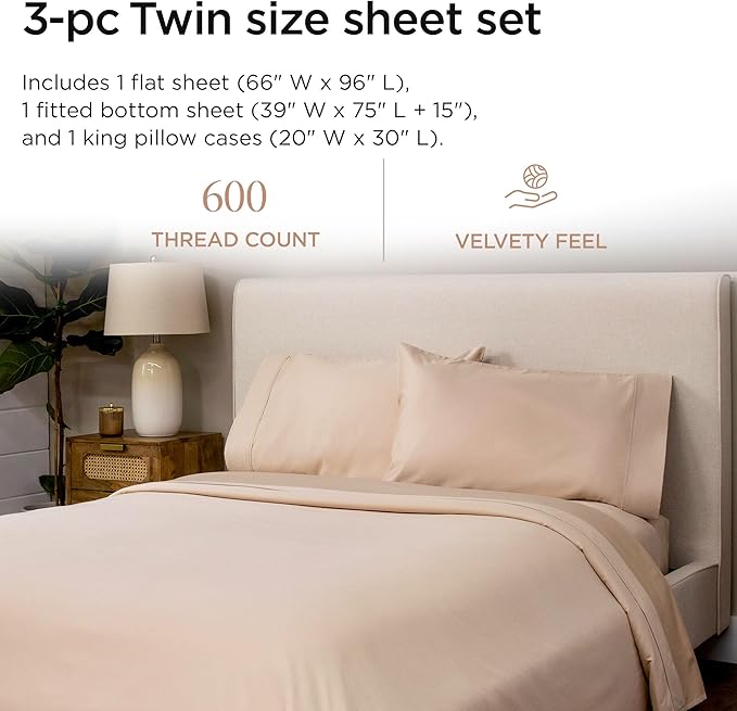 Threadmill 100% Cotton Sheets for Twin Size Bed - 600 Thread Count Twin Bed Sheets Set with 15” Deep Pocket - Sateen Weave 3-Piece Bedding Set with Cooling Effect, Beige