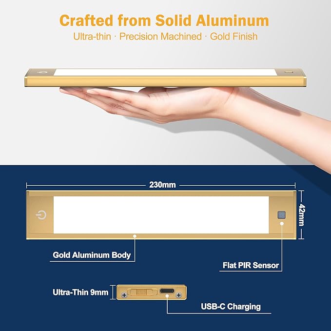 V4light Rechargeable Under Cabinet Lighting, Motion Sensor Wireless Night Light, Dimmable, CCT Adjutable, Magnetic Mount for Kitchen, Closet, Bedroom, Reading, Ambience (Gold, 2 Pack, 9 in)