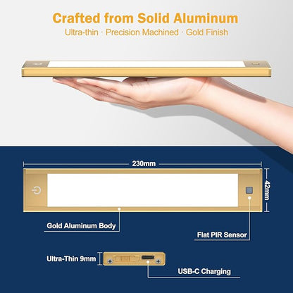 V4light Rechargeable Under Cabinet Lighting, Motion Sensor Wireless Night Light, Dimmable, CCT Adjutable, Magnetic Mount for Kitchen, Closet, Bedroom, Reading, Ambience (Gold, 2 Pack, 9 in)