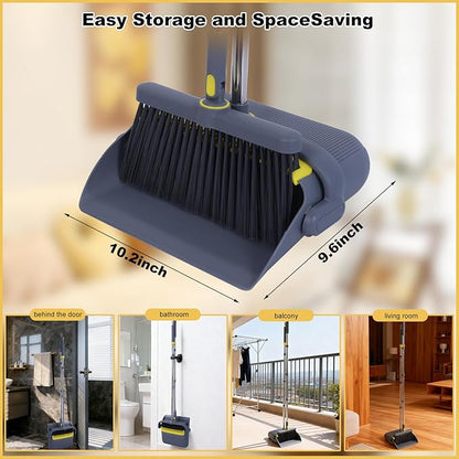 Upgrade Broom with Dustpan Combo Set Heavy Duty, Ergonomic Adjustable Handle, Cleaning Teeth, Ideal for Pets, Indoor and Outdoor Sweeping（Gray）