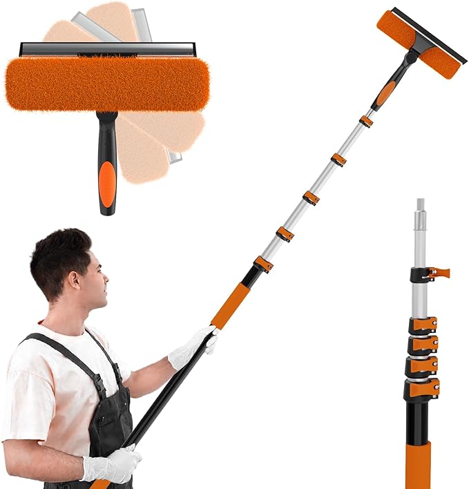 30FT Reach Window Squeegee with Extension Pole, 2-in-1 Professional Window Washing Kit for Home, Indoor Outdoor Squeegee with Rotatable Head for High Windows