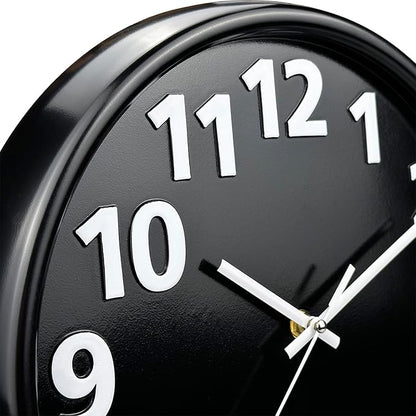 Plumeet 12'' Wall Clock, Battery Operated Wall Clocks Silent Non-Ticking Quartz, Modern Style Suitable for Bedroom Living Room Office Decor - 3D Numbers Display Easy to Read, Black