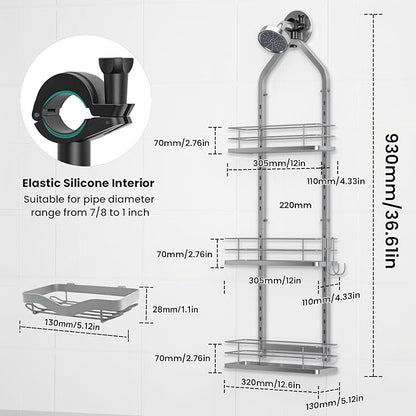 Shower Caddy Hanging (Silver), Adjustable Anti-Swing-Over The Shower Head Caddy, 3 Tier Height Bathroom Storage Organizer, Bathroom Shelves Basket Rack, Shower Caddies Rack with Adjustable Soap Basket