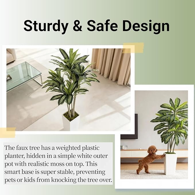 Artificial Dracaena Tree 5FT with White Tall Planter - Artificial Plants Indoor,Faux Yucca Tall Fake Floor Plant in Pot for Home Office Living Room Decor Indoor