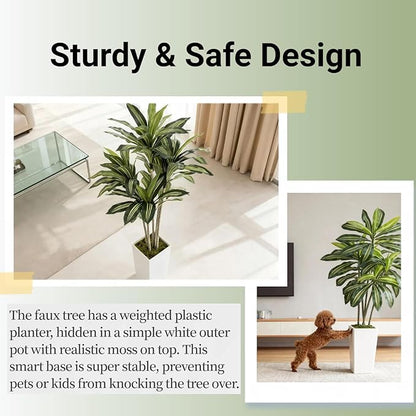 Artificial Dracaena Tree 5FT with White Tall Planter - Artificial Plants Indoor,Faux Yucca Tall Fake Floor Plant in Pot for Home Office Living Room Decor Indoor