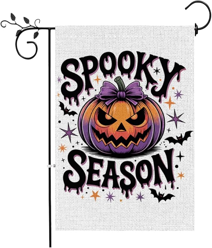 Fokongna Spooky Season Garden Flag, Halloween Scary Pumpkin Bat Decor Flag, 12x18 Inch Burlap Vertical Double Sided Flags, for Home Yard Outside Decorations