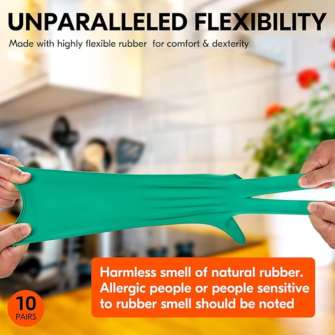 Vgo... 10-Pairs Reusable Household Gloves, Rubber Dishwashing gloves, Extra Thickness, Long Sleeves, Kitchen Cleaning, Working, Painting, Gardening, Pet Care (Size M, Green, HH4601)