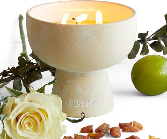 Blueme Focus Candle | Eucalyptus & Lime | 3 Wick - Refillable Wellness Candle with Essential Oils, Hand Finished & Poured Soy Wax Blend Ceramic Vessel, Natural Cotton Wicks | Medium 12 oz