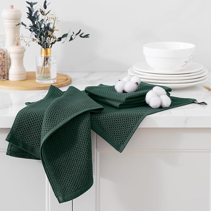 Kitinjoy 100% Cotton Kitchen Towels and Dishcloths Set, 8 Pack Waffle Weave Dish Towels Ultra Soft Absorbent Quick Drying Dish Rags, 13 x 28 Inch and 12 X 12 Inch, Blackish Green