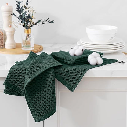 Kitinjoy 100% Cotton Kitchen Towels and Dishcloths Set, 8 Pack Waffle Weave Dish Towels Ultra Soft Absorbent Quick Drying Dish Rags, 13 x 28 Inch and 12 X 12 Inch, Blackish Green