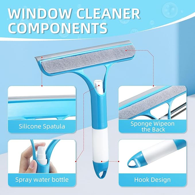 3 in 1 Window Cleaning Scraper with 2 Replaceable Cleaning Cotton Strips,Suitable for Cleaning Bathroom Glass, Window Squeegee, Mirrors, Car Windows