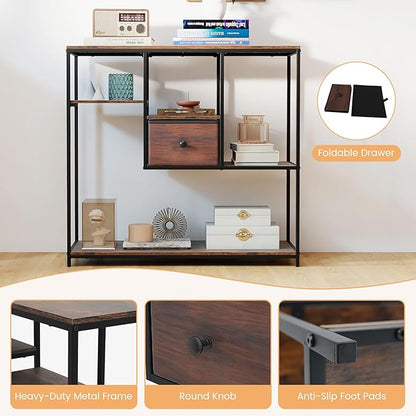 Giantex 40” Narrow Console Table, Modern Sofa Table with Open Storage Shelves and Removable Drawer, Skinny Behind Couch Tables, Long Entrway Tables for Living Room, Foyer, Hallway (Rustic Brown+Black)