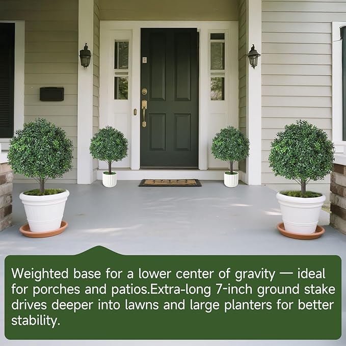 Boxwood Topiary Ball Trees Artificial Outdoor Set of 2, Dual-Base Weighted Planters/Spikes UV Resistant Fake Evergreen Bushes Plants for Front Porch Patio Garden and Door Decor