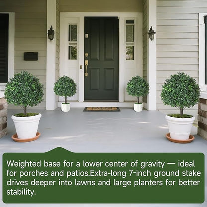 Boxwood Topiary Ball Trees Artificial Outdoor Set of 2, Dual-Base Weighted Planters/Spikes UV Resistant Fake Evergreen Bushes Plants for Front Porch Patio Garden and Door Decor