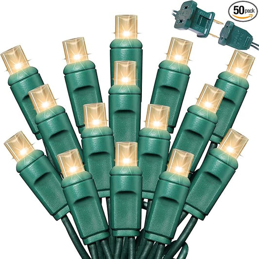 50Count String Lights, LED Christmas Lights, 6" SPACING,Green Wire,Warm White,Commercial Grade