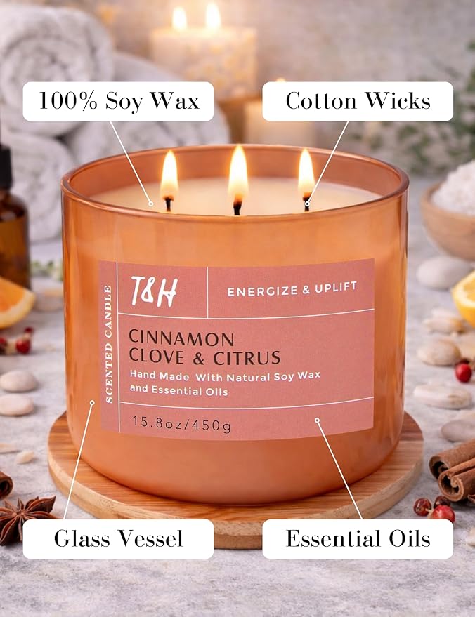 Cinnamon Clove Citrus 3 Wick Soy Candle Large 15.8oz | Spiced Orange Scented Candles for Home | Clean Burn Long Lasting Candle | Warm Cozy Aromatherapy Candle | Housewarming Birthday Gift