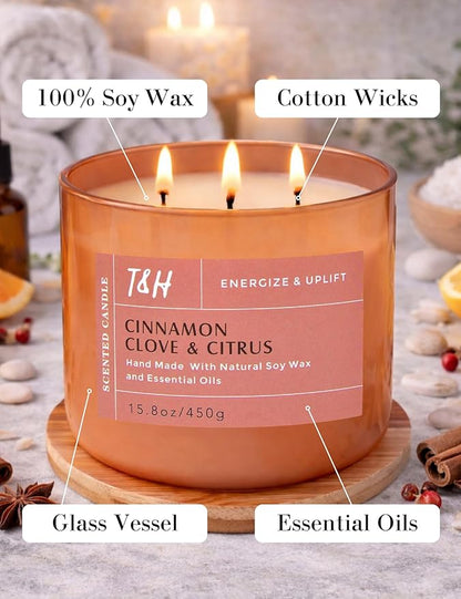Cinnamon Clove Citrus 3 Wick Soy Candle Large 15.8oz | Spiced Orange Scented Candles for Home | Clean Burn Long Lasting Candle | Warm Cozy Aromatherapy Candle | Housewarming Birthday Gift