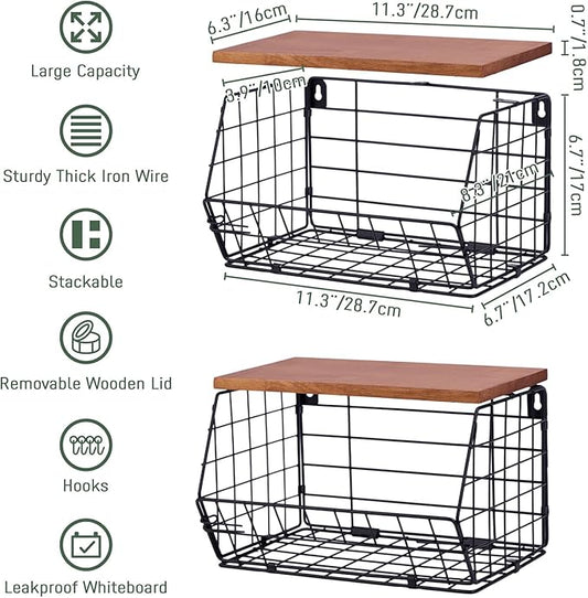 2 Pack Large Trash Bag Holder, Stackable Kitchen Pantry & Laundry Organizers with Wood Lid, Collapsible Garbage Bag Dispenser Storage for Under Sink Cabinet Shelf Countertop Organization
